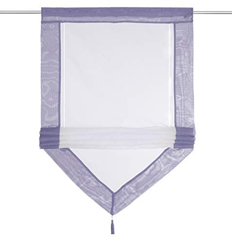 Raffrollo mit Quaste Dreieck Raffgardine Voile Transparent Tunnelzug Vorhang (BxH 80x140cm, Violett)