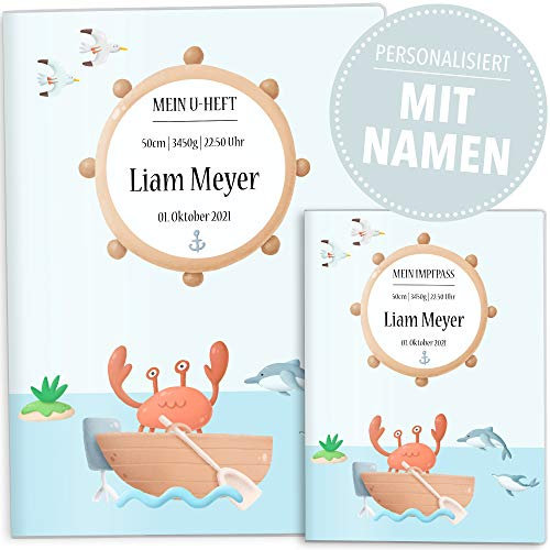 OLGS U-Heft und Impfpasshüllen Set Auf Hoher See | Untersuchungsheft Hülle & Impfpasshülle personalisierbar mit Namen und Geburtsdatum (U-Heft Hüllen Set personalisiert, Krabbe Monty)