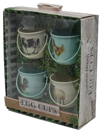 Set of 4 Metal Farm Friend Bucket Design Cockerel Handle Boiled Egg Cups Buckets