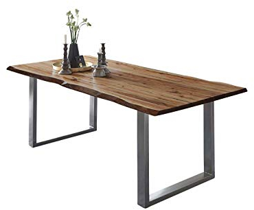 SAM Esszimmertisch 140x80 cm ULM, Baumkantentisch naturfarben, Akazienholz massiv, U-Gestell aus Metall Silber