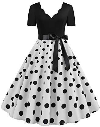 EFOFEI Dame Vintage Robes Impression Polka Dot Imprimé Robe à Carreaux à Manches Courtes Robe à Carreaux à Col Rond Blanc L