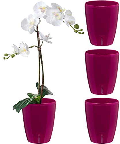 Santino Juego de 4 Macetas para Orquídeas Ø 12cm Macetas Autorriego con Sistema de Mecha e Indicador de Nivel de Agua para Interior (Ø 12cm - 1,3L - Morado)