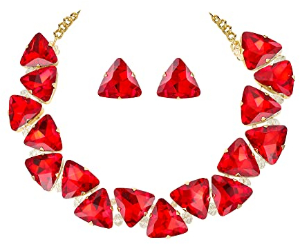 Clearine Art Deco Sparkly Statement Halskette Ohrringe Set Dreieck Schmuckset für Damen, Rubin-Rot Gold-Tone