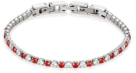 JewelryWe Tennisarmband Damen Armband mit Zirkonia: Rot/Silber Edelstahl Tennis Armband Verstellbar Armkette Armreif Fußkettchen mit abnehmbarem Verschluss Elegant Schmuck 3mm Breit 19cm Länge