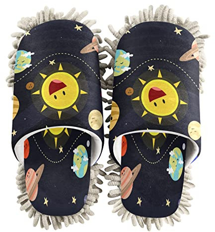xigua Dibujos animados Sun Planet Rocket Mop ZapatillasHerramienta de limpieza Zapatillas antideslizantes Mopping Zapatos de Microfibra Piso Casa Zapatillas—M