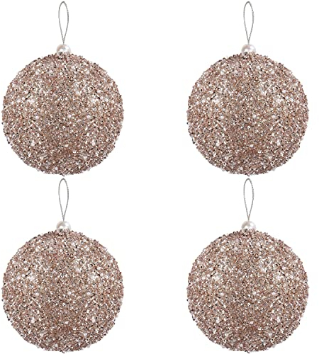 Belle Vous Champagnerfarbene Christbaumkugeln Kunststoff Ornamente (4 STK) - 10,7 cm - Weihnachtsdeko Glitzer Pailletten Christbaumkugeln Set mit Schnur für Weihnachts- & Hochzeitsfeierdeko
