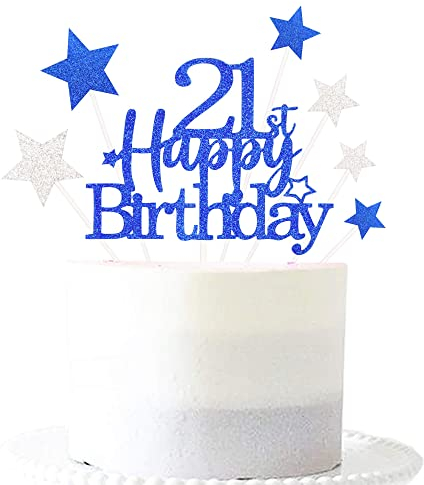 Glittery Royal Blue 21st Cake Topper with Star Boys and Girls 21st Birthday Party Supplies, Twenty-one Years Old Birthday Party Decorations