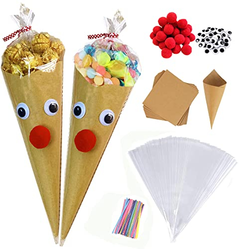 FINEVERNEK Weihnachten Süßigkeiten Tüten,Transparente Cellophantüten mit Filz Weihnachtsmann Bart,Rote Pompons Wackelaugen,DIY-Bausätze Spitztüten Tütche für Bonbons Popcorn Weihnachtsgeschenke