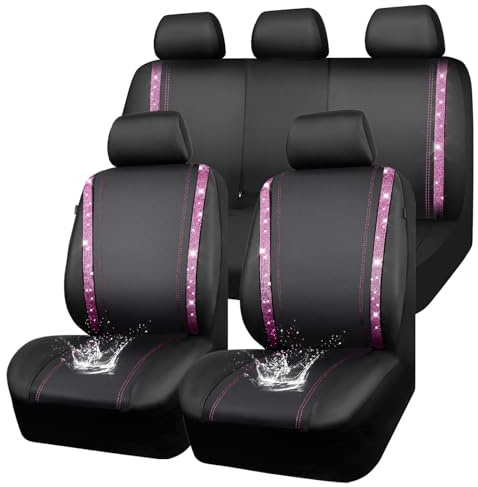 CAR PASS Wasserdicht Leder Autositzbezüge, Bling Diamant Komplettset Sitzbezug, Glänzend Kristall Glitzernd, Universal für 95% Aller Automobile LKW SUV, Frauen Damen Mädchen(Komplettset, Rosa)