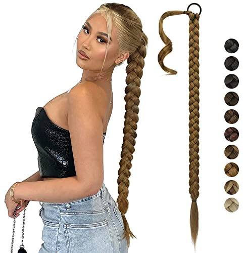 FESHFEN Braid Extensions Pferdeschwanz Verlängerung mit Haargummi, 85 cm Lang Ponytail Geflochten Kunsthaar Pferdeschwanz Extension Zöpfe Haarteil für Damen, Hellbraun Mix Naturblond