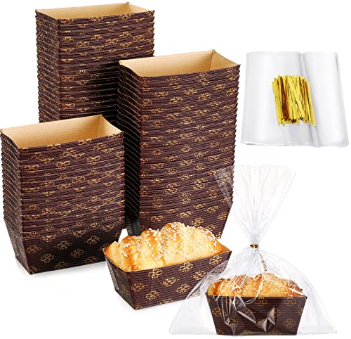Sabary 100 Pcs Mini Disposable Paper Loaf Pan with Clear Plastic Bread Bags, 3.1 x 1.5 x 1.7 Inch