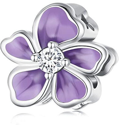 Charm in argento sterling 925 con ciondolo a forma di fiore viola adatto per collana con bracciale Pandora