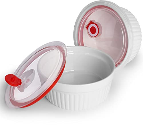 22 oz Ramekins with Lids 2 PCS, Porcelain Ramekins Dishes for Souffle,Creme Brulee, Pudding, Custard Cups,Bakeware Bowls Set for Baking,Oven Safe, White (5.8 inch)