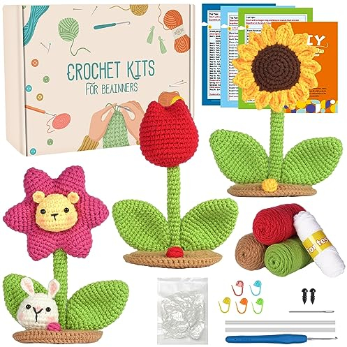 Souarts Komplett Häkelset für Anfänger Blumen Handy Halterung, Häckeln Stricken für Anfänger Set mit Anleitung Häkelnadeln Garn, Kreativ Strickset Bastelset für Erwachsene Kinder Geschenk