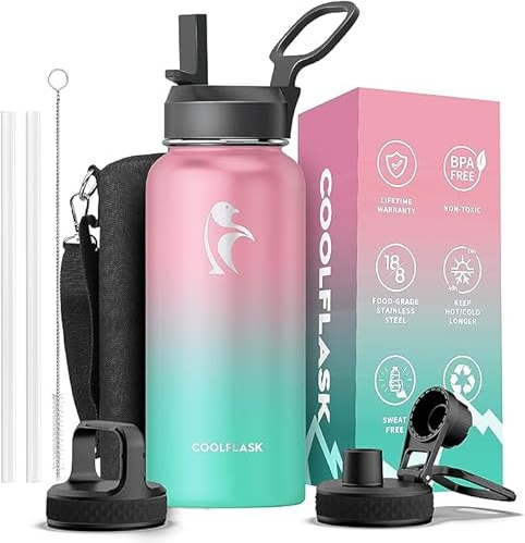 Coolflask Insulated Water Bottle 1L, Stainless Steel Insulated Water Bottle with Straw & 3 Lids, Double Vacuum Leak Proof Cold and Hot Water Bottle, Sturdiness and Easy to Clean, Bubble Gum