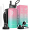 Coolflask Isolierte Wasserflasche 1L, Edelstahl Isolierte Wasserflasche mit Strohhalm & 3 Deckeln, Doppeltes Vakuum Auslaufsicher, Leicht zu Reinigen, Bubble Gum