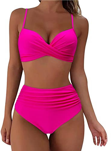 Générique Maillot de Bain Femme 2 Pieces, Taille Haute Push Up Bikini Set, Sexy Grande Taille Maillot de Bain de Plage, Conception en Croix Avant Classique Slim Swimwear (Rose Vif, M)