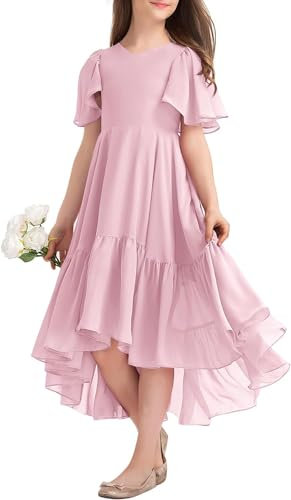 Haloumoning Robe d'été pour fille - Col en V - Robe à volants - Décontractée - Robe trapèze - Robe de soirée longue et élégante, Rose, 150 cm