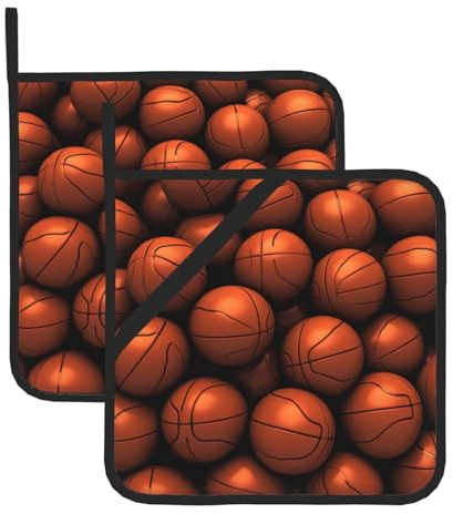 Lot de 2 maniques carrées imprimées de basket-ball orange – Résistantes à la chaleur pour la cuisine, la pâtisserie, les grillades