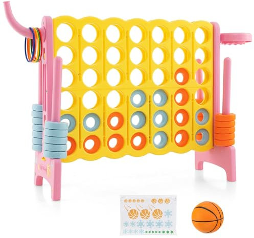 HOMASIS Riesiges 4 Gewinnt Spiel, 4 in Einer Reihe Spiel mit Basketballkorb & Wurfspiel, Strategiespiel mit 42 Ringen, XXL Brettspiel Spielzeug für Kinder & Erwachsene Outdoor (Rosa + Gelb)