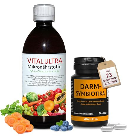 Vital Ultra 480 ml Mikronährstoffkonzentrat & 30 Kapseln Darm-Symbiotika | Vitamine, Mineralien, Spurenelemente, Pflanzenstoffe & 23 Bakterienkulturen – hochdosiert 10 Milliarden Keime je Kapsel