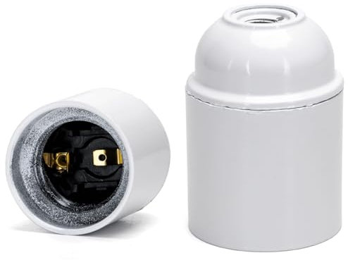 Douille E27 en bakélite blanche avec filetage autobloquant, idéal pour connecter des ampoules dans des installations électriques sécurisées.