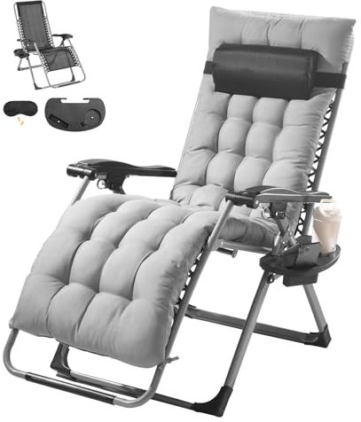 VEVOR Silla de Gravedad Cero 645 mm Sillón Reclinable para Jardín Tumbona para Terraza Capacidad de 226,8 kg Tumbona Antigravedad Ajustable con Cojín Reposacabezas Reposapiés Portavasos, Gris