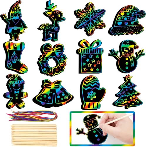 Weihnachten Kratzpapier,48 Stück Kratzbilder für Kinder, Weihnachten Kratzbilder Set für Kinder Regenbogen Kratzpapier Set,für Weihnachten Weihnachtsbaum Deko