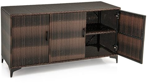 LIFEZEAL 318 L Coffre de Rangement Extérieur en Rotin PE avec 6 Compartiments, Etagères Amovibles, 3 Portes, Grande Boîte Etanche pour Balcon, Intérieur, 135x50x70,5 cm (Marron)