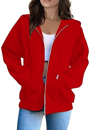 Women Fleece Hoodie, Women Full Zip Hoodie Jacket Ladies Long Sleeve Plain Zipper Hooded Sweatshirts Basic Lightweight Sports Running Coat Tops with Pockets, Red,XL,U79K