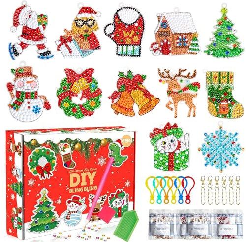 Kit di Decorazioni Natalizie, Set di Ornamenti da Albero di Natale con Pittura a Diamante Fai da Te per Bambini, 12 Pezzi di Portachiavi Decorativi Natalizi 5D, Perfetto Regalo di Natale per Ragazze