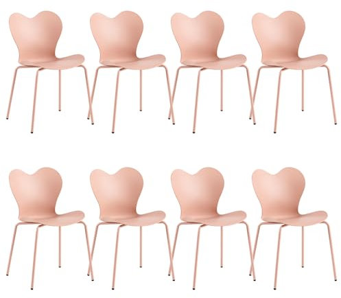 EGGREE Lot de 8 Chaises de Cuisine en Plastique Empilables avec Pieds Métalliques Réglables, Dossier en Coeur Imperméable Convient pour Salle à Manger, Salon, Bureau, Jardin, Terrasse - Rose