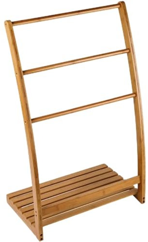 Support de séchage de Porte-Serviettes autoportant en Bambou avec 2 Rails Suspendus, Porte-vêtements de Salle de Bain en Bois, Support autoportant for vêtements et Serviettes
