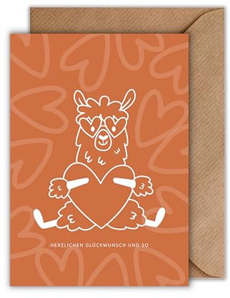 WBdesignz Lustige Glückwunschkarte mit Lama und Herz – „Herzlichen Glückwunsch und so“ – originelle Karte mit süßem Design für Geburtstag oder andere Anlässe – DIN A6 mit Umschlag
