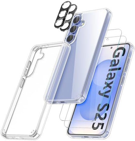 YIRSUR Crystal Clear Hülle für Samsung Galaxy S25 Hülle mit 2 Stück Glasfolie und 2 Stüc Kamera, Hard PC Nie Vergilbung Case Transparent Militärschutz Kratzfest Fallschutz Schutzhülle