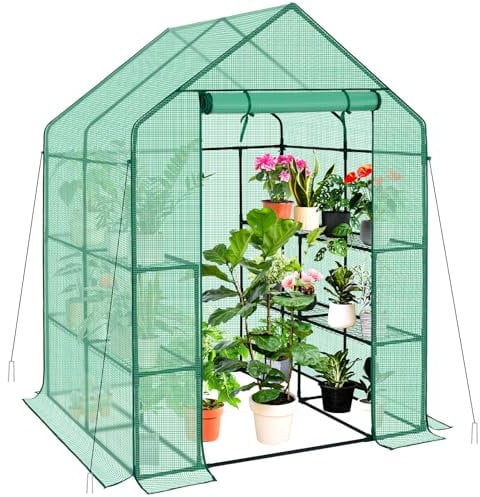 AMHANCIBLE Gewächshaus, Foliengewächshaus mit 3 Regale, Tomatengewächshaus, 140x138x195cm, Gewächshaus Balkon mit PE Gitterfolie für Tomaten & Pflanzen, Grün EGWH23GR