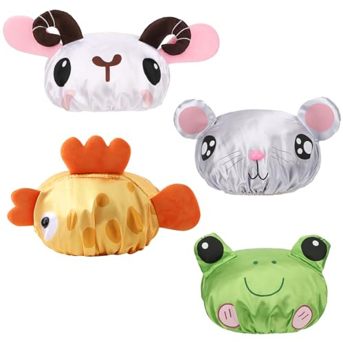 kilofly 4pc Fun Cute Animal Shower Caps for Kids Reusable Waterproof Bath Hat Set