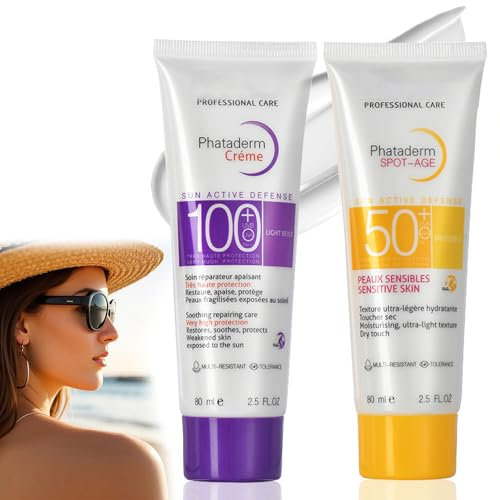 Sunscreen Lot de 2 crèmes solaires SPF 100 et SPF 50+, protection solaire anti-âge pour peau sensible, pour le corps et le visage, non grasse et contrôle de l'huile, résistant à l'eau