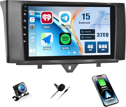 4+64G Android 15 CAMECHO Autoradio 9 Zoll für Mercedes-Benz Smart Fortwo 2011-2015 mit Rückfahrkamera, Navi Radio HD Touchscreen mit Wireless Carplay Android Auto Bluetooth GPS FM/RDS Mirror Link