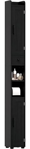 HOMCOM Columna de Baño Estrecha con 2 Puertas Armario Alto de Baño Rústico con Cajón Compartimento Abierto Estantes Ajustables y Portarrollos 20x20x185 cm Negro