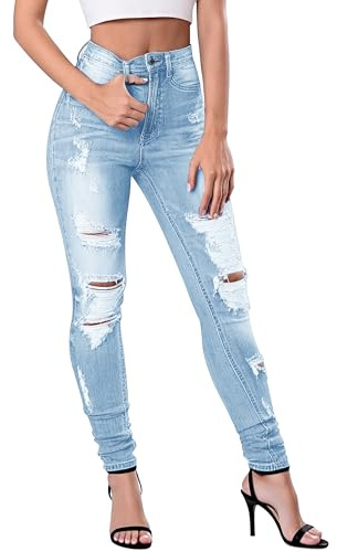 Fengbay skinny jeans dam stretch hög midja slitna streetwear damjeans rumplyft mode byxor jeans, blå, XL