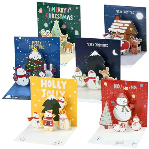 KKUOYT 6 Stück Pop-Up-Weihnachtskarten, 3D-Weihnachtskarten mit Umschlägen, für Weihnachtsgrüße an Familie und Kinder (Muster 1)