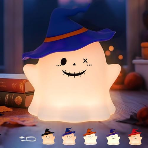 Blaues Geister Nachtlicht mit RGB 7 Farben, Kabellos Halloween Dekoration Lampe mit 1200mAh Akku, Timer Sensorlicht, Weiches Silikon LED Lampe Kinder Nachttischlampe für Wohnzimmer Schreibtisch Deko