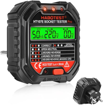 diymore Steckdosentester mit RCD-Prüfung und LCD-Voltage-Display, Steckdosenprüfgerät mit 6 Arten von Fehlerdiagnose, Leckspannungs- und Stromanzeige, FI Test, 90-250V/45-65Hz, CAT ll 300V
