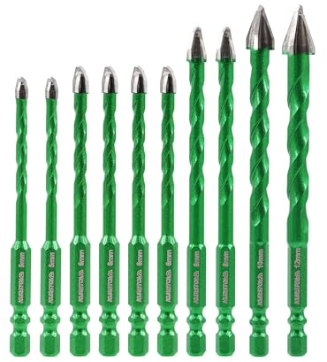 KURSTOL Fliesenbohrer-Set, 10 Stück Hartmetall Steinbohrer GlasBohrer Set | 5 * 2/6 * 4/8 * 2/10/12mm, mit Schnellwechselschaft für Keramik Fliesen Holz Kunststoff Mauerwerk Beton Glas