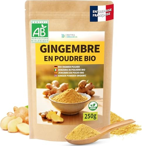 DETOX ORGANICA Gingembre en Poudre Bio 250 g – 100% Pure & Naturelle | Racine de Gingembre Moulue – Saveur Intense – Sachet Refermable – Idéal Infusions, Cuisine, Smoothies, Boost Immunité