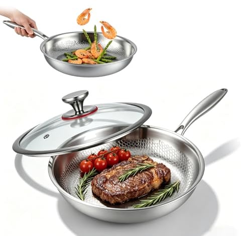 VeftBltrem Sartén de titanio con tapa, sartenes de titanio con patrón martillado para cocinar, resistente a los arañazos, antiadherente, sartén de titanio Pro Inducción, para cocina y camping (24cm)