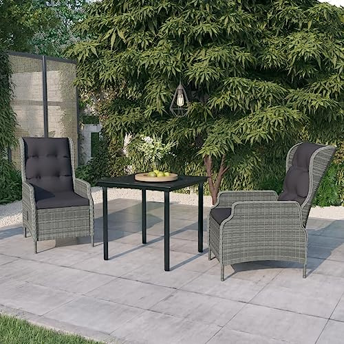 LoogCape 3-TLG. Garten-Essgruppe Hellgrau mit Liegefunktion, verstellbaren Rattansesseln und Glastisch, für Terrasse, Balkon, Gartenmöbel