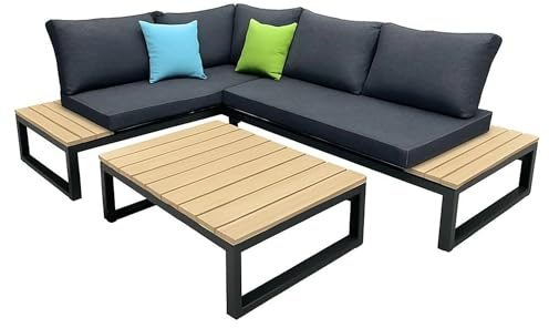 Riola Lounge-Set, Aluminium-Gestell mit Holz-Kunststoff-Tischplatte, Dunkelgraue Polsterkissen, 3-teilig