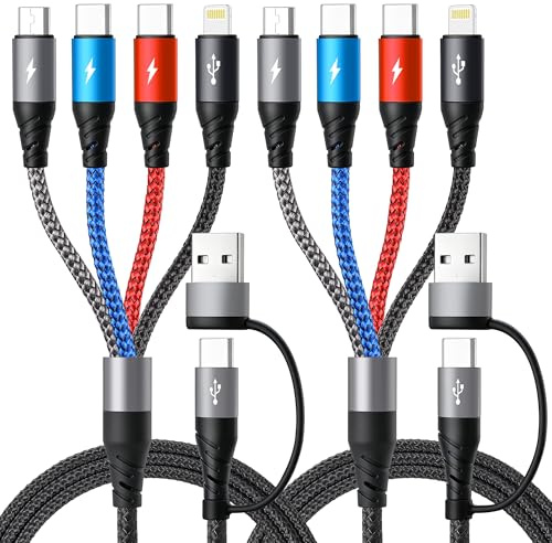 Cable Multiple Cargador con Doble Conector USB-C,4 en 2 Cable Carga Rapida Multiple,[1,8 m]Cargador USB con Doble Conector USB-C+Lightning+Micro para iPhone 17,16,15,14,13,12/Galaxy/Android/tabletas